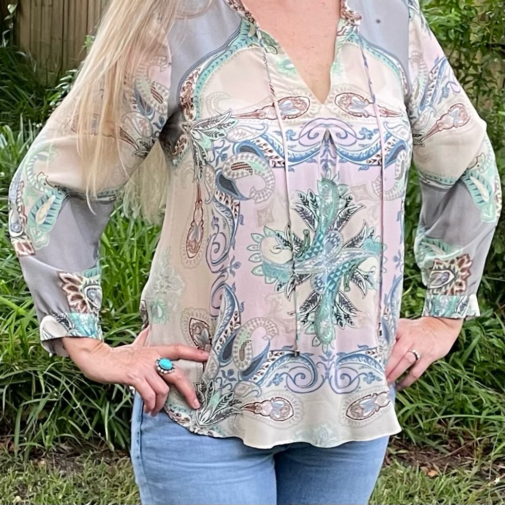 100% Silk Hale Bob Paisley Print Long Sleeve Boho Blouse Top Size Medium